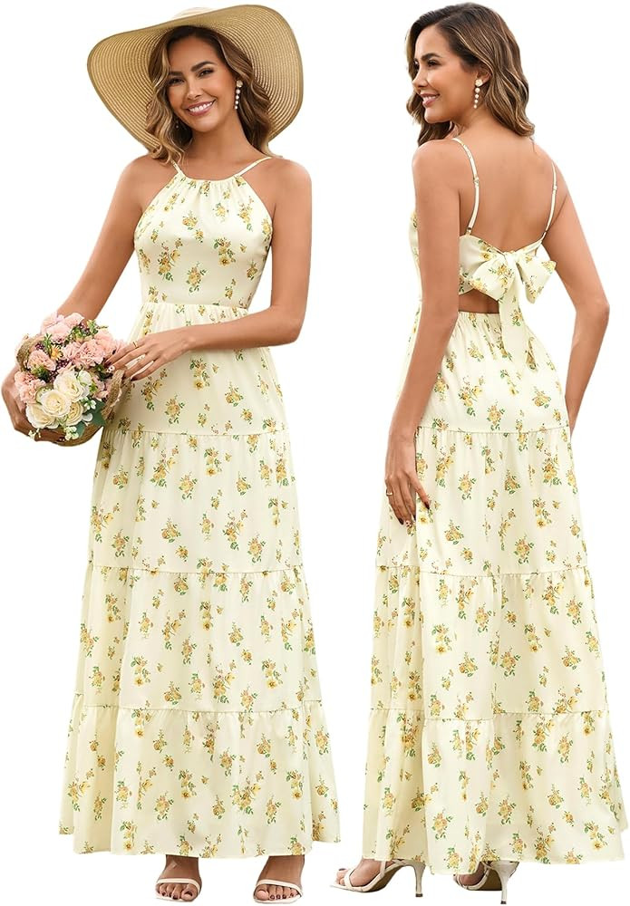 HTZMO Summer Floral Bow Tie Maxi Sundress Wedding Guest Casual Backless A Line Flowy Boho Beach L... | Amazon (US)