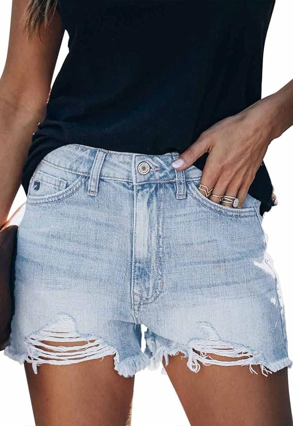 Metietila Women's Casual High Waisted Denim Shorts Frayed Raw Hem Stretch Ripped Jean Shorts | Amazon (US)