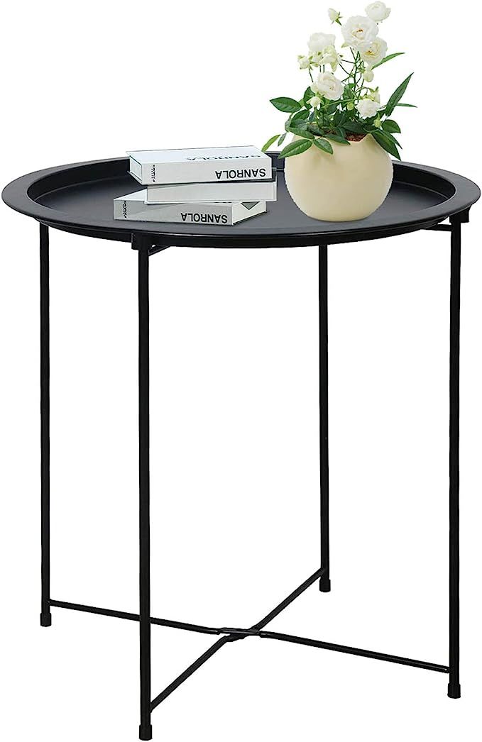 Folding Tray Metal Side Table Round End Table, Black Sofa Small Accent Fold-able Table, Round End... | Amazon (US)