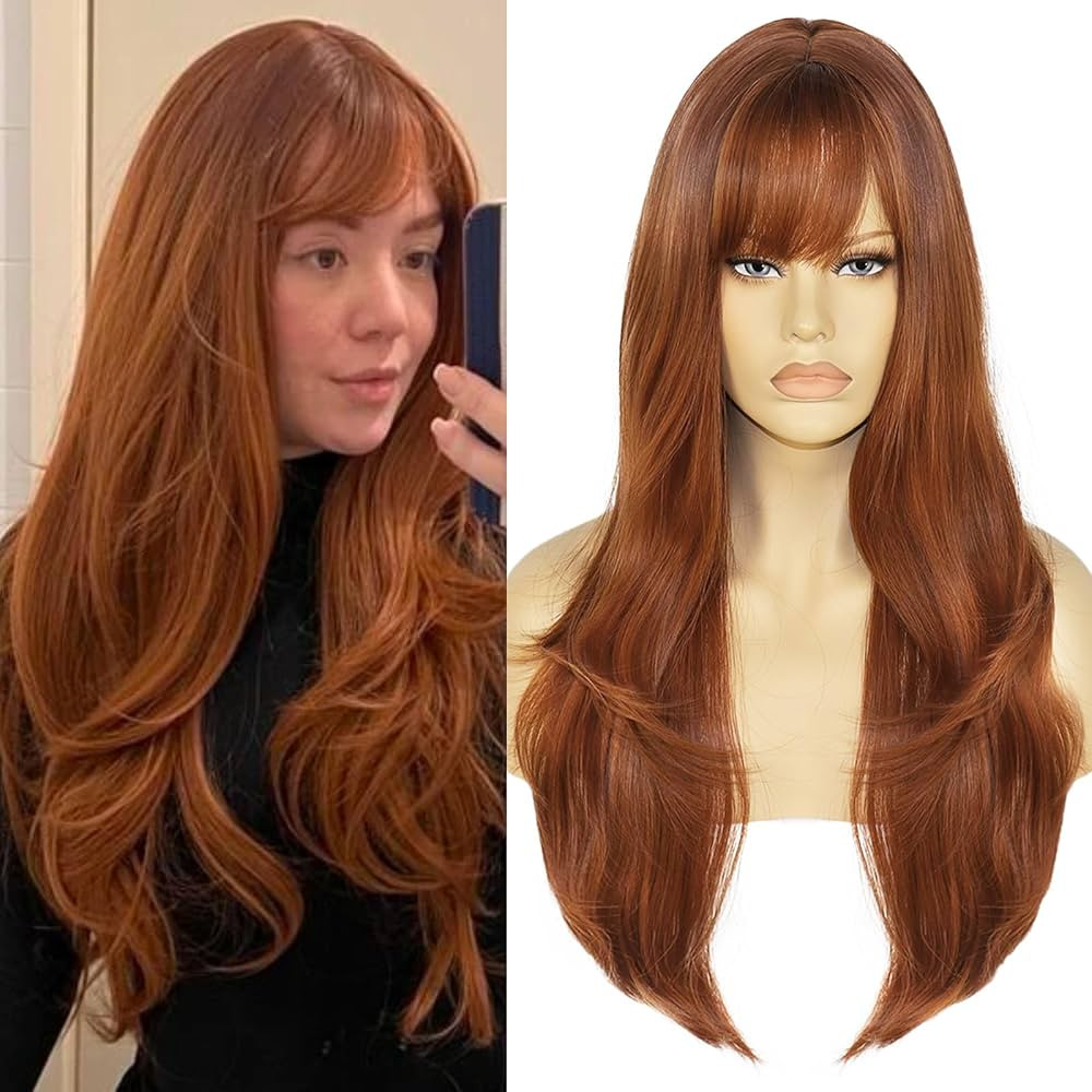 Ebingoo + Wig Cap 28 Inch Ginger Wig with Bangs Auburn Wig for Women Copper Red Wig with Bangs La... | Amazon (US)
