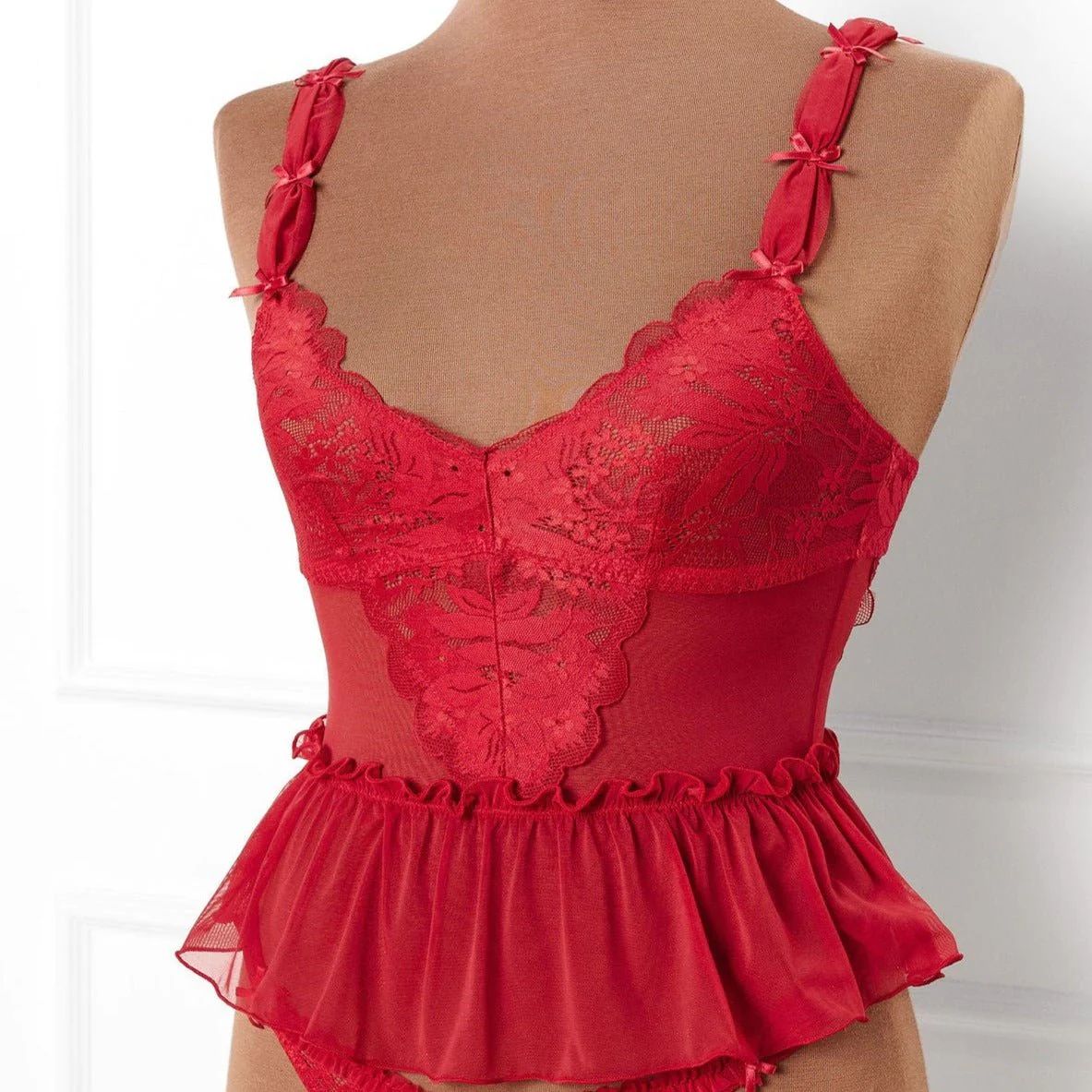 Lace & Mesh Peplum Corset - Scarlet Red | Mentionables