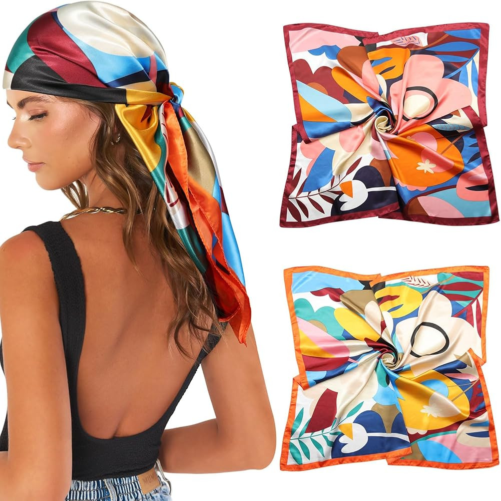 AWAYTR 35” Large Satin Square Head Scarf - 2Pcs Silk Like Floral Head Scarves Square Satin Hair... | Amazon (US)