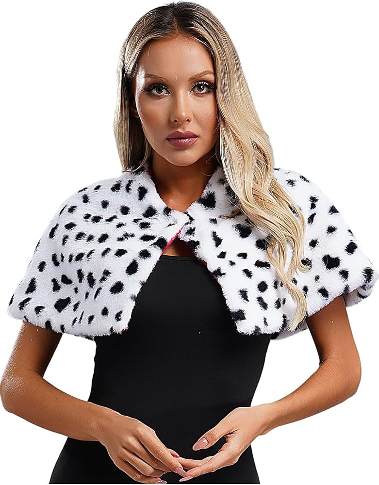 Womens Dalmatian Scarf Faux Dalmation Stole Black White Coat for Halloween Cosplay Costume | Amazon (US)