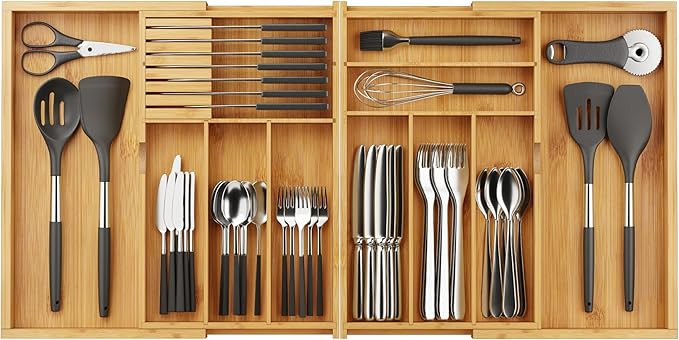 BAMEOS Expandable Silverware Drawer Organizer with Removable Knife Blocks, Bamboo Kitchen Utensil... | Amazon (US)