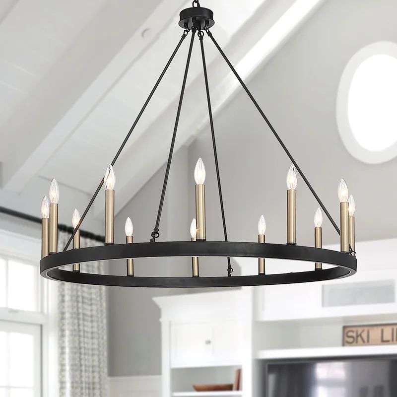 Langlois 12 - Light Candle Style Wagon Wheel Chandelier with Wood Accents | Wayfair North America