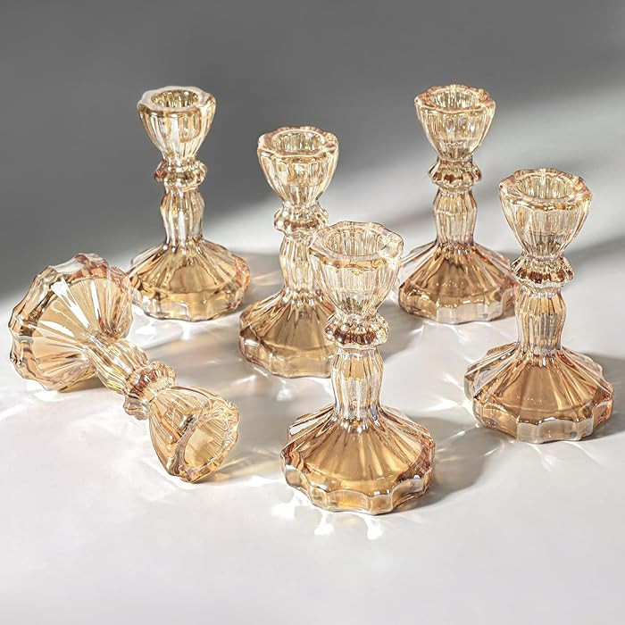 Gold Glass Candlestick Set of 6 Clear Crystal Glass Candle Holders Taper Holder Decor for Wedding... | Amazon (US)