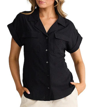 Cotton Blend Short Cuffed Sleeve Collared Button Front Top | Dillard's
