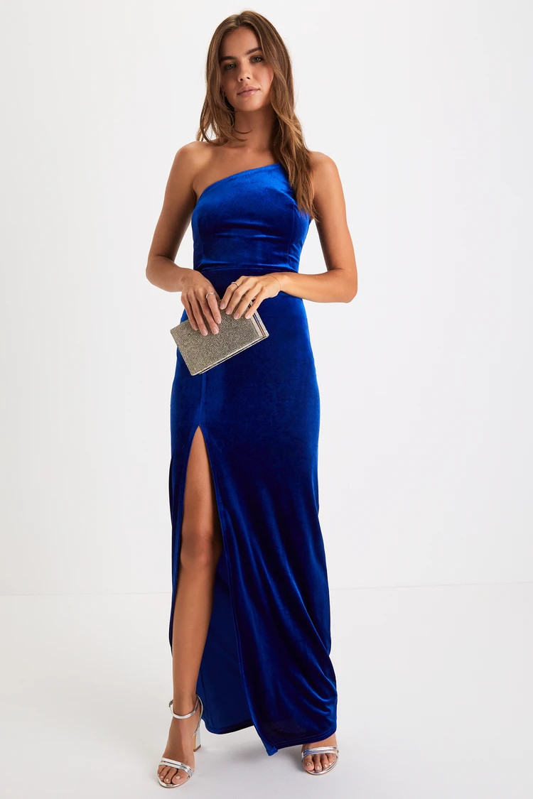 Keeper of My Heart Royal Blue Velvet One-Shoulder Maxi Dress | Lulus (US)