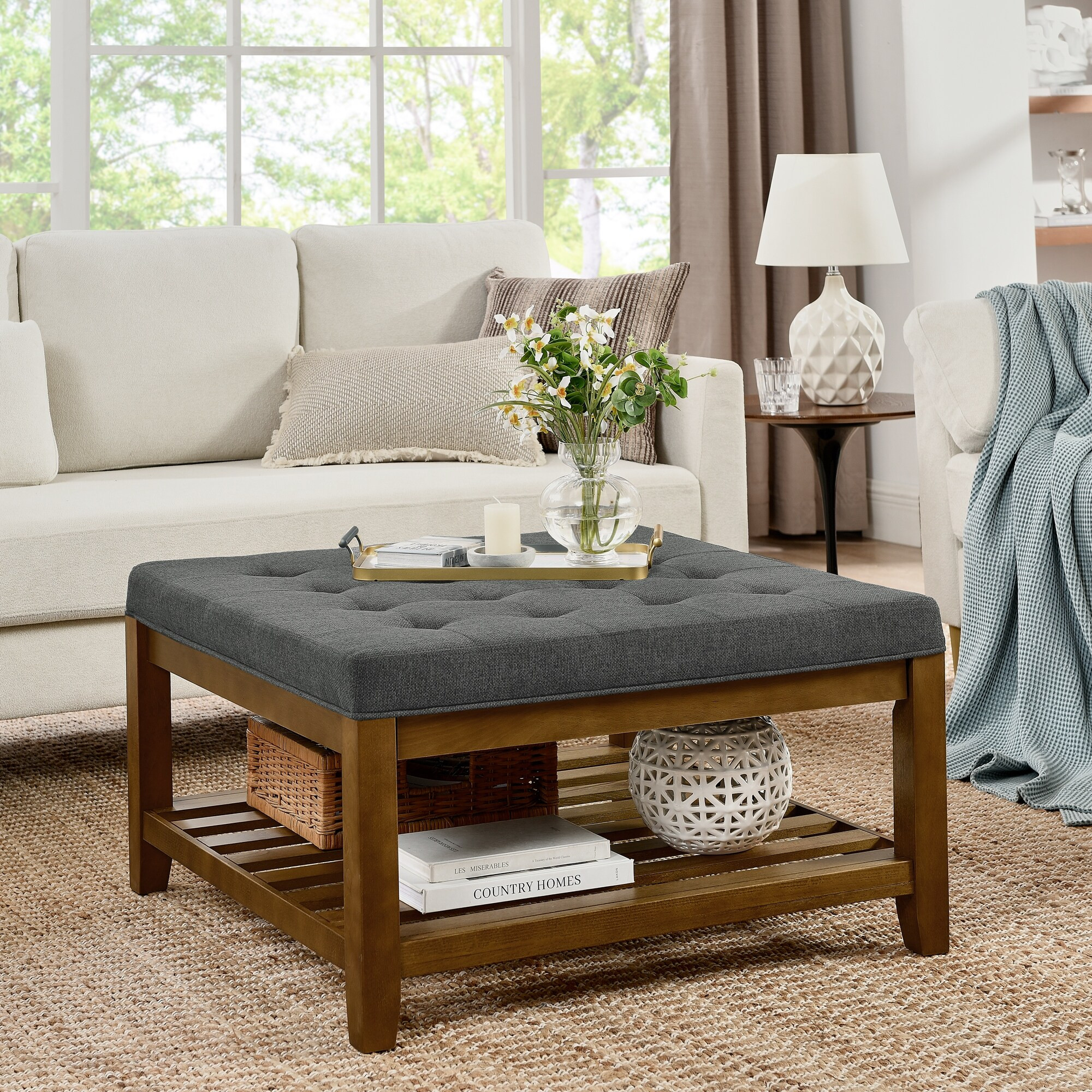 Upholstered Coffee Table Tufted Linen Large Square Ottoman with Beech Wood Shelf and Frame,Oversized Footrest Ottoman | Bed Bath & Beyond
