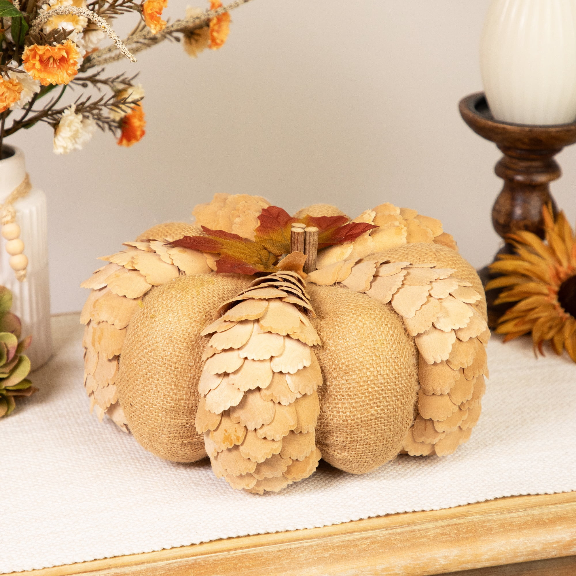 Northlight Burlap and Wooden Petals Pumpkin Fall Harvest Decoration - 10" - Beige | Walmart (US)