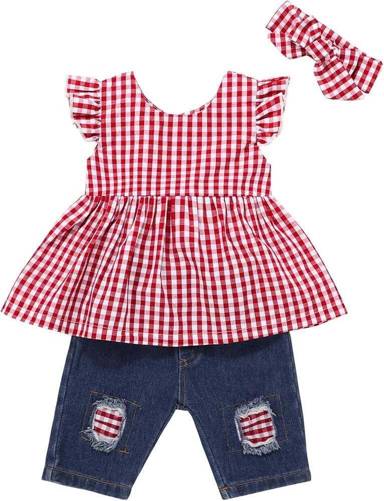Baby Girls Clothes Blue Ruffle Short Sleeve+Baby Girl Outfits Ripped Jeans Headband Set | Amazon (US)