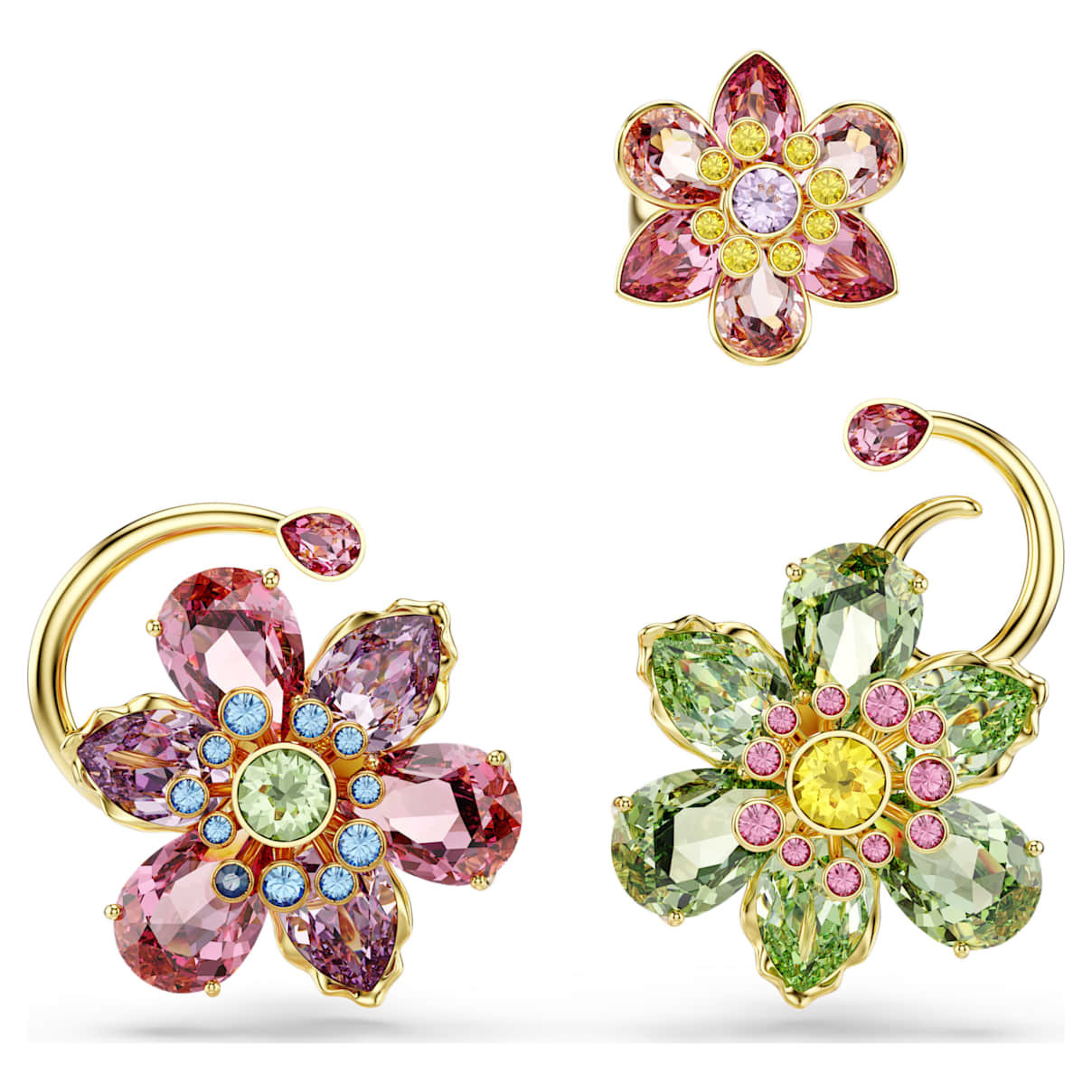Idyllia ear cuff, Set (3), Asymmetrical design, Mixed cuts, Flower, Multicolored, Gold-tone plated | SWAROVSKI