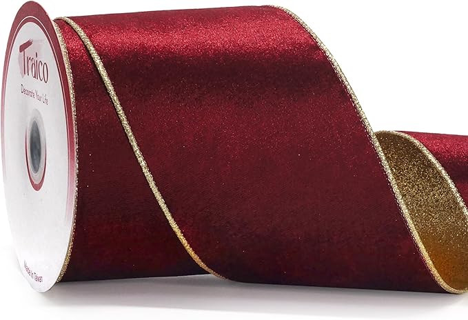 4" Burgundy Velvet Gold Glitter Backing Wired Ribbon 10 Yards for Christmas Wedding Wreath Gift W... | Amazon (US)