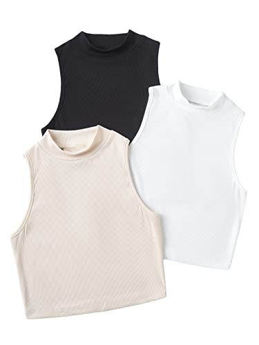Milumia Women's 3 Pieces Casual Rib Knit Mock Neck Tank Tops Sleeveless Fitted Top Multicolor Plain Small | Amazon (US)
