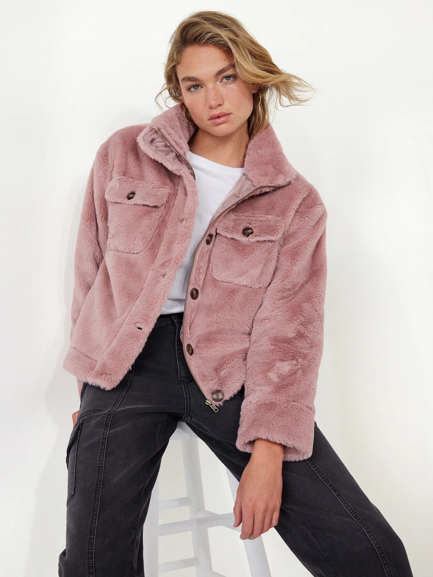 Time and Tru Women's Faux Fur Bungee Shacket | Walmart (US)