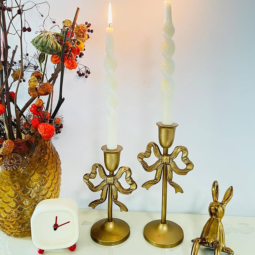 Pink Bow-Knot Iron Taper Candle Holder,Pillar Candle Holders Decorative Candlestick Holder for Ho... | Amazon (US)