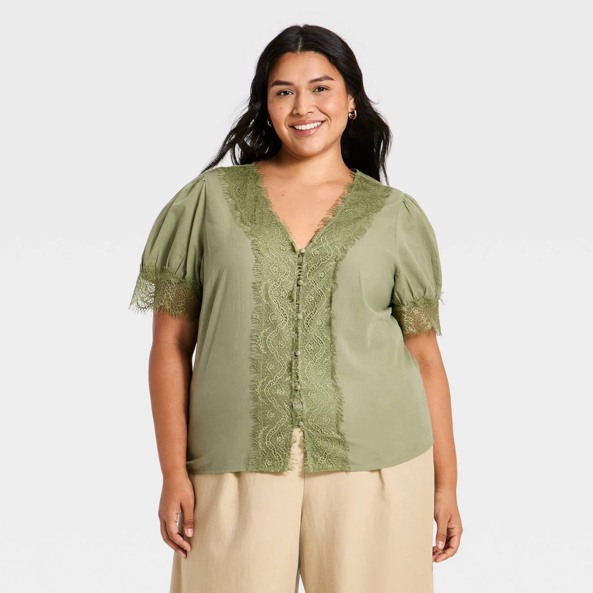 Women's Balloon Short Sleeve Lace V-Neck Blouse - Universal Thread\u2122 Olive Green 2X | Target