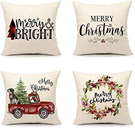 4TH Emotion Christmas Pillow Covers 18x18 Set of 4 for Farmhouse Decorations Winter Holiday Throw... | Amazon (US)