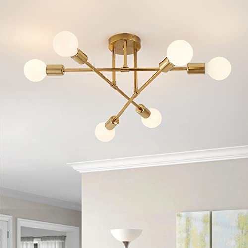 YXTH Semi Flush Mount Ceiling Light Fixture, 6 Lights Modern Sputnik Chandelier Ceiling Lamp with E26 Bulb Base, Light Fixtures Ceiling Mount for Bedroom Kitchen Living Room Hallway (Gold) | Amazon (US)