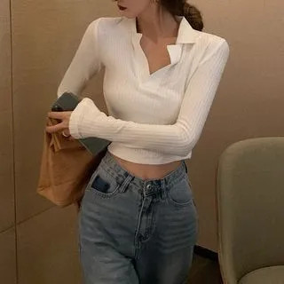 Long Sleeve Polo Neck Crop T-Shirt | YesStyle Global