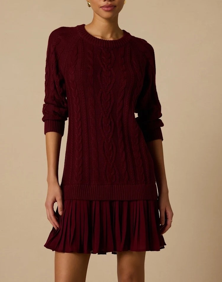 The Alvie Burgundy Cable Knit Drop Waist Sweater Dress brings cozy sophistication to fall and winter dressing with its rich burgundy hue and beautifully textured cable knit. The relaxed drop-waist silhouette gives this classic sweater dress a modern feel, while the warm, deep color makes it especially chic styled with boots and layered accessories. Perfect for autumn strolls, coffee dates, festive gatherings, or an elevated everyday look. Under $70.

Ideas:

* sophisticated fall outfit
* cozy winter style
* chic coffee date look
* elevated everyday dressing
* festive seasonal outfit

Keywords:

* burgundy sweater dress
* burgundy knit dress
* cable knit sweater dress
* drop waist sweater dress
* burgundy midi dress
* knit midi dress
* fall sweater dress
* winter sweater dress
* cozy fall fashion
* burgundy fall outfit
* autumn outfit
* coffee date outfit
* fall date night outfit
* neutral winter style
* women’s fall fashion

#LTKWorkwear #LTKgrwm #LTKootd