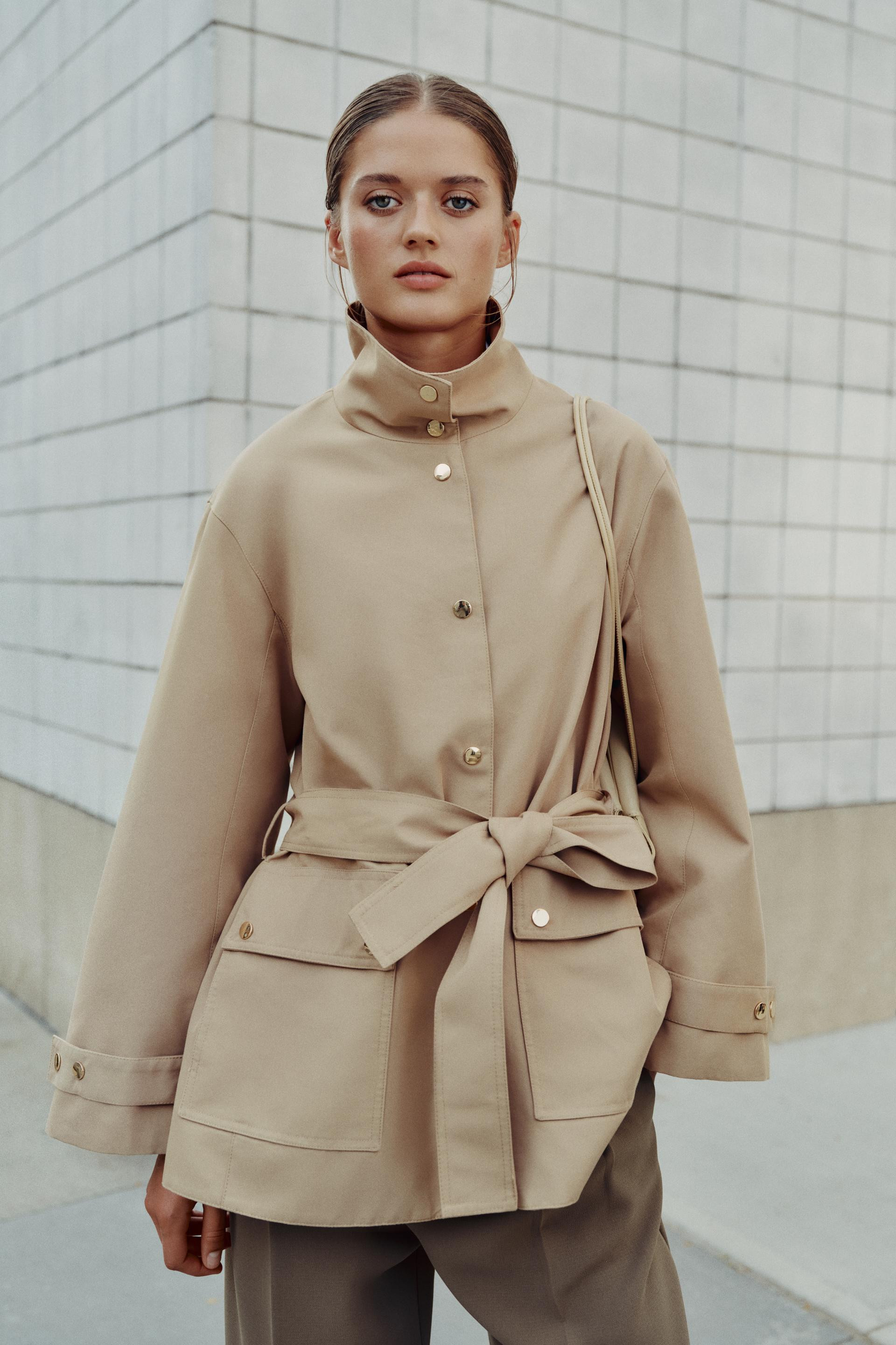 Zara - High-Neck Belted Trench Coat - Taupe Brown - M - Woman | Zara US