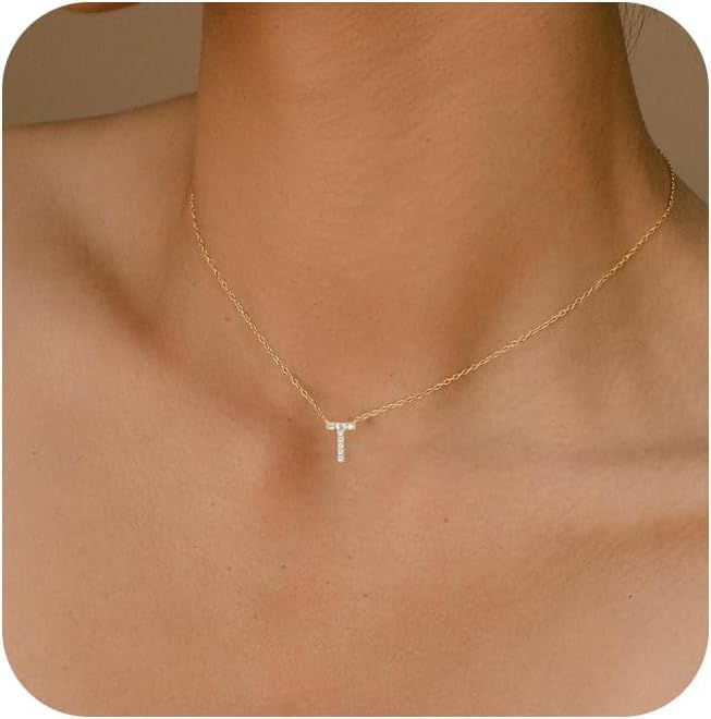 Initial Necklaces for Women, Dainty Gold Letter Necklace 14k Gold Plated Personalized CZ Initial ... | Amazon (US)