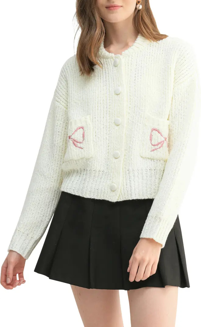 Lush Bow Embroidered Bouclé Cardigan | Nordstromrack | Nordstrom Rack