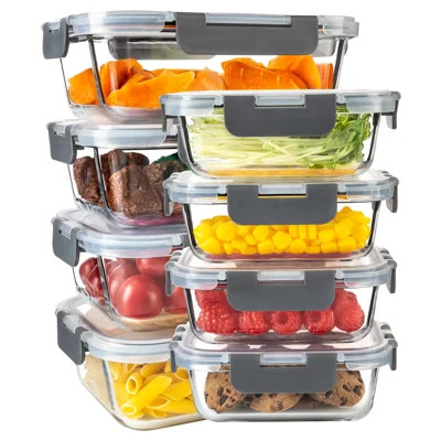 Glass Meal Prep Containers With Airtight Lids, Food Storage Bento Boxes, Dishwasher Safe, 8 Pcs, (Grey) | Wayfair North America