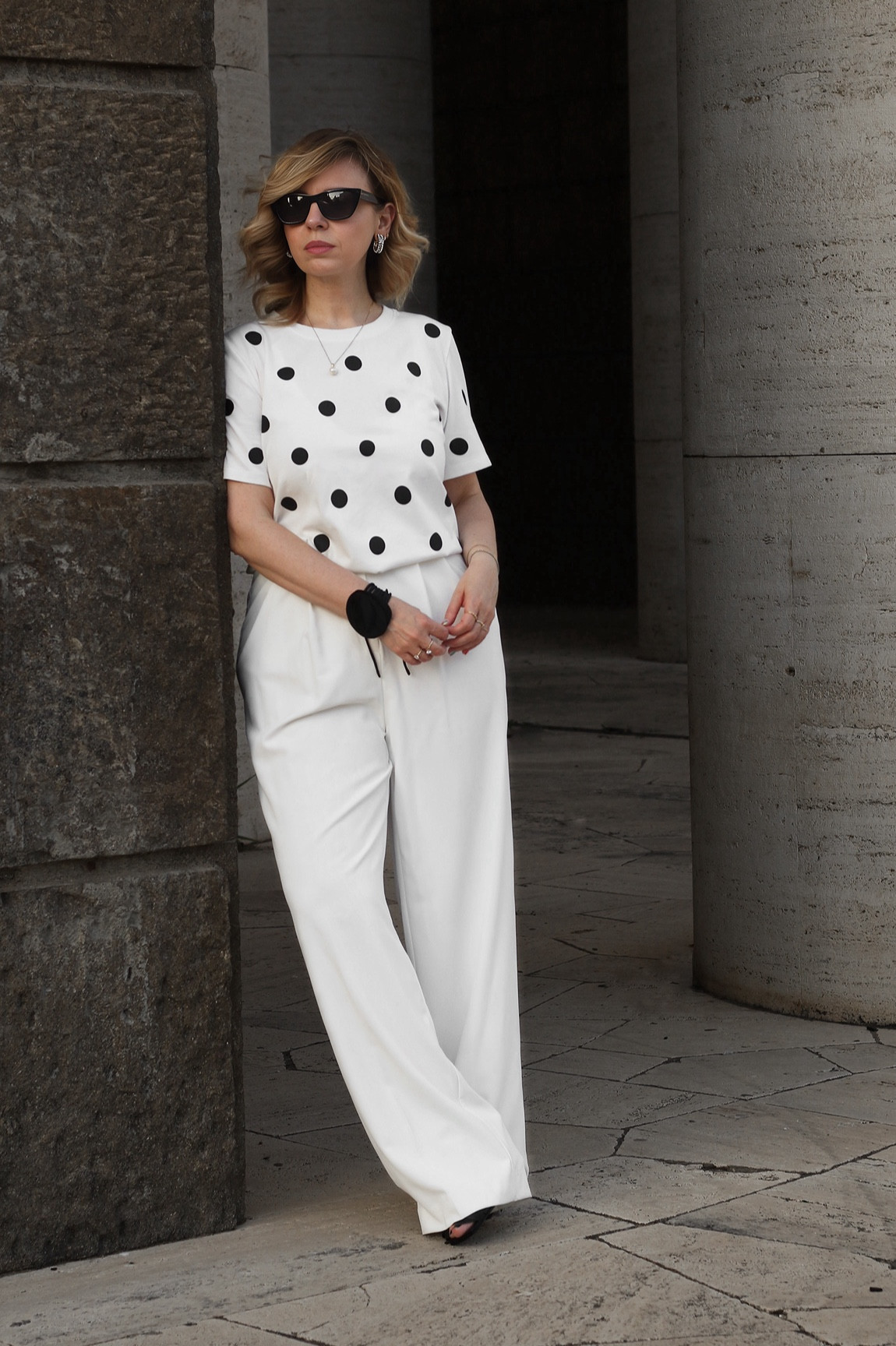 White summer outfit 
Wide leg suit trousers and polka dots t-shirt for summer days look 
Goelia

#LTKitalia #LTKsummer #LTKworkwear