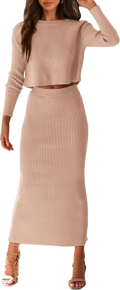 PRETTYGARDEN Women's Fall 2 Piece Sweater Set Rib Knit Long Sleeve Crop Top Maxi Bodycon Skirt Ca... | Amazon (US)