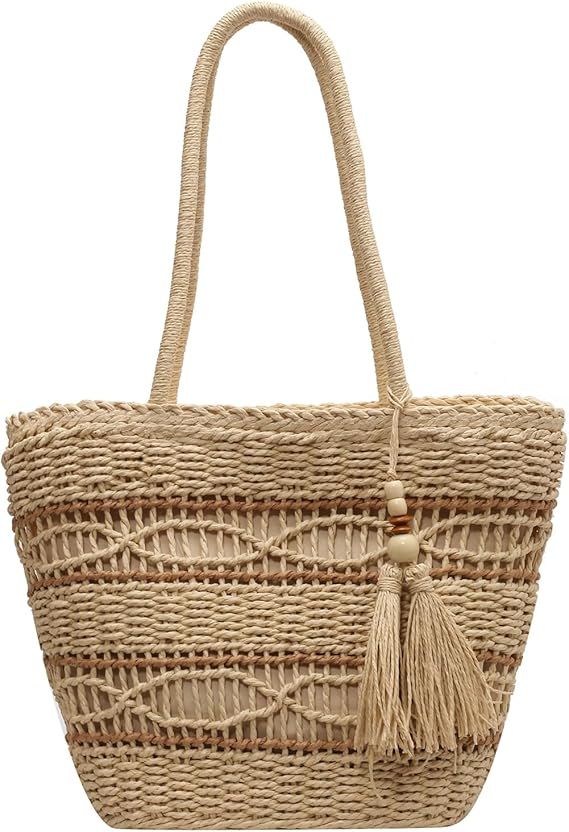 Straw Beach Bag, Summer Woven Tote Bag Shoulder Handbag Straw Purses and Handbags for Women | Amazon (US)