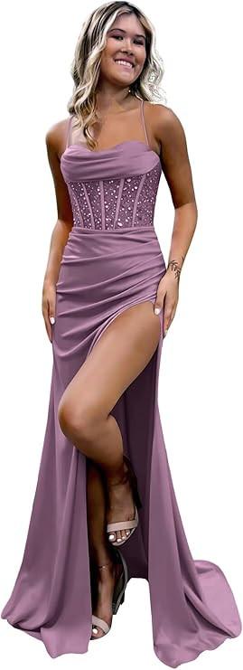 Sequin Satin Mermaid Prom Dresses for Women Corset Spaghetti Straps Ruffles Formal Evening Gown w... | Amazon (US)