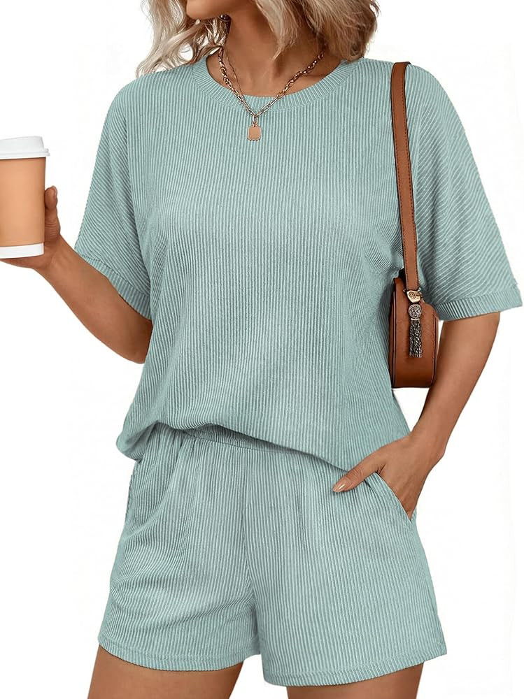 Ekouaer Women 2 Piece Lounge Set 2026 Summer Cruise Outfits Ribbed Loose Short Sleeve Matching Se... | Amazon (US)