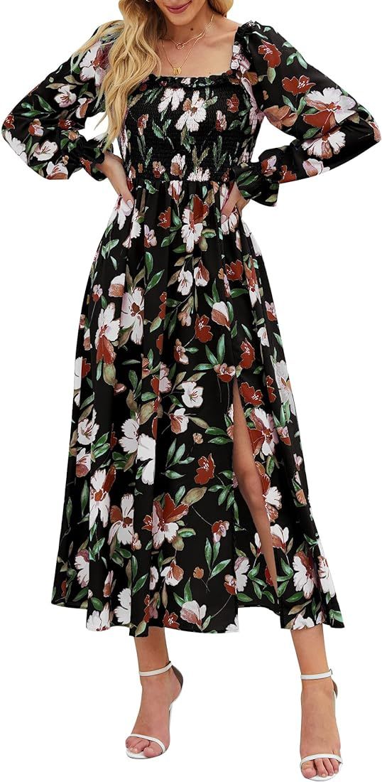 femalove Women's Boho Floral Print Maxi Dress Square Neck Smocked Ruffled Long Sleeve Split A Lin... | Amazon (US)