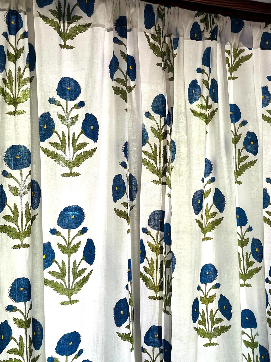 Handmade Cotton Block Print Curtains in White With Blue Flowers Elegant Window Treatment Classic ... | Etsy (US)