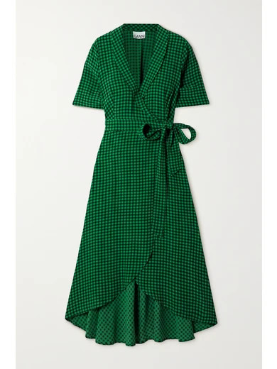 GANNI - Gingham Crepe Midi Wrap Dress - Green | NET-A-PORTER (US)