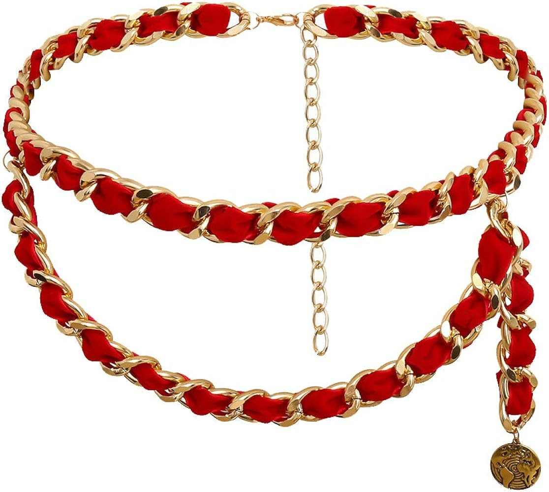 Mrotrida Women's Chain Belts Fashion Layered Flocking Cloth Belts for Dress Ves | Amazon (US)