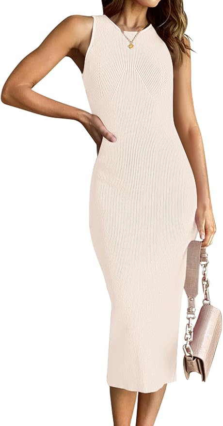 HAEOF Women's Summer Bodycon Midi Sweater Dress 2026 Spring Casual Sleeveless Ribbed Knit Vacatio... | Amazon (US)