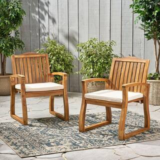 2-Pieces Outdoor Wood Dining Chairs with Cream Cushions for Garden in Brown | The Home Depot