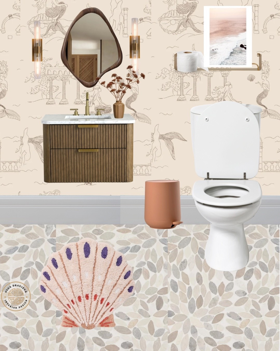 Fun Half bathroom mood board! Gorgeous vanity, curvy mirror, tile from Home Depot, wallpaper from Lulu & Georgia, Disenio art, and a fun bath mat from West Elm. #bathroom #homedecor

#LTKHome #LTKSeasonal #LTKFamily