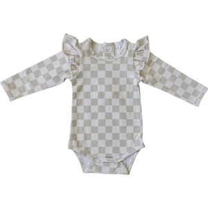 Taupe Checkered Ruffle Sleeve Bodysuit | Mebie Baby