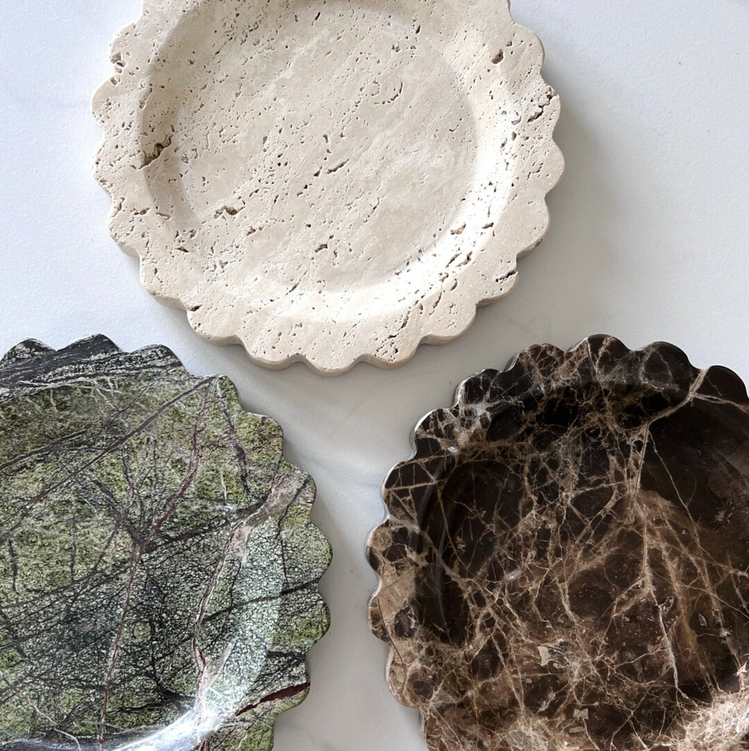 Natural Stone Tray, Round Catch All Trinket Dish, Scalloped Travertine Marble Jewelry Perfume Cat... | Etsy (CAD)