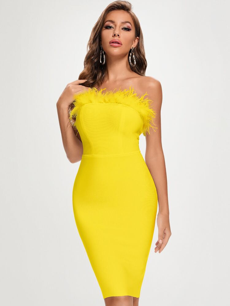 Fuzzy Trim Bodycon Tube Dress | SHEIN