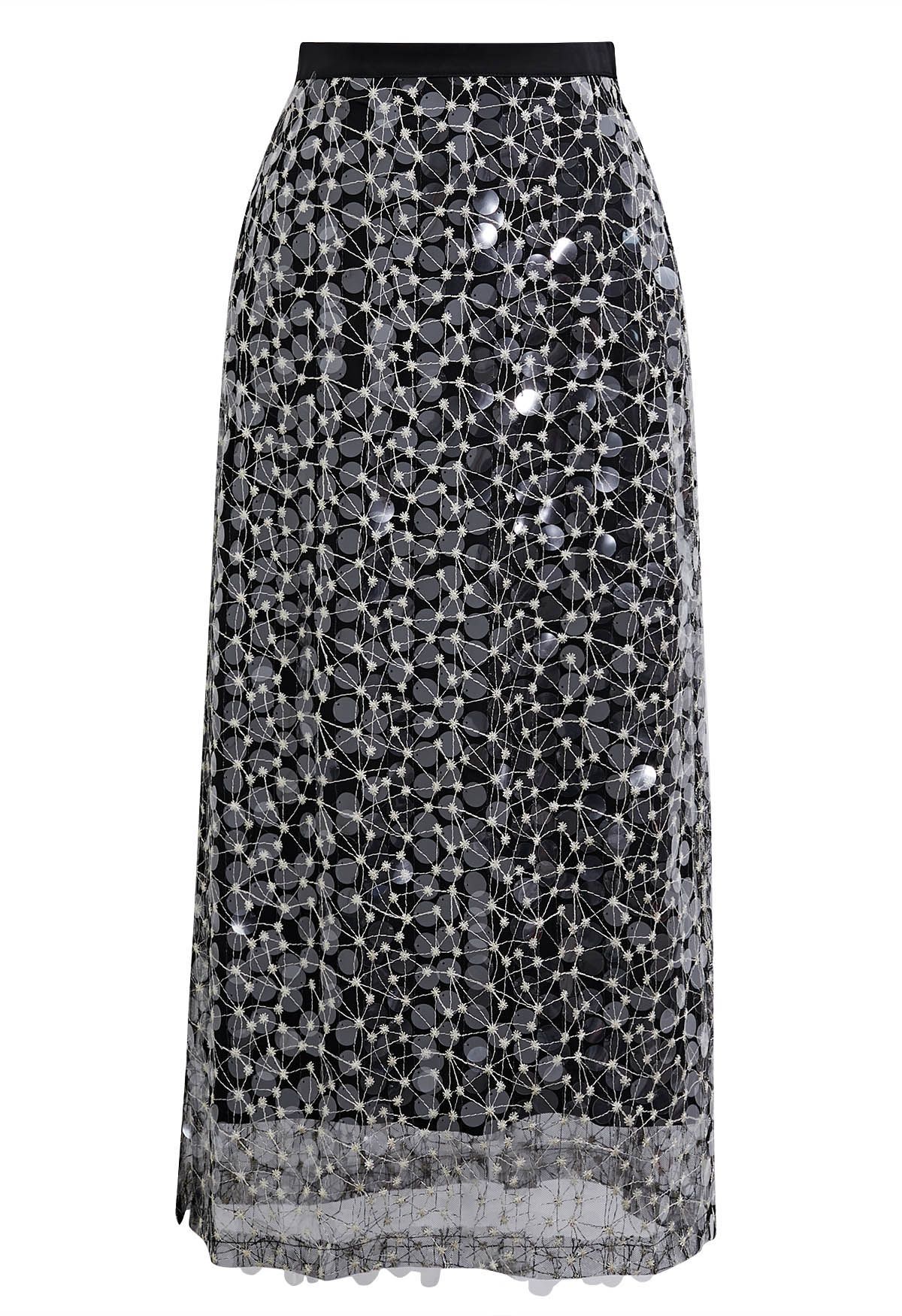 Glittering Sequin Embroidered Mesh Skirt in Black | Chicwish