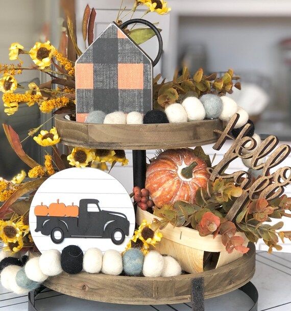 tiered tray fall bundle | faux shiplap pumpkin truck sign | buffalo plaid mini wood house | hello... | Etsy (US)