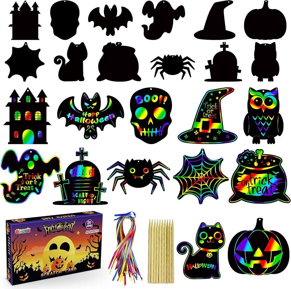 OHOME Halloween Party Favors - 48 PCS Halloween Magic Rainbow Scratch Paper Cards Set,Halloween G... | Amazon (US)