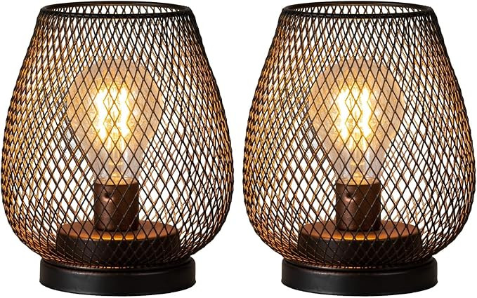 Set of 2 Battery Operated Lamp LED Table Lantern, Brown Metal Cage Cordless Lamps with LED Bulb... | Amazon (US)