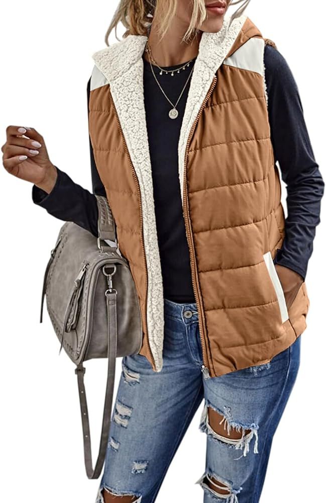 Womens Sherpa Fleece Full Zip Reversible Vest Warm Color Block Hoodie Outwear with Pocket | Amazon (US)