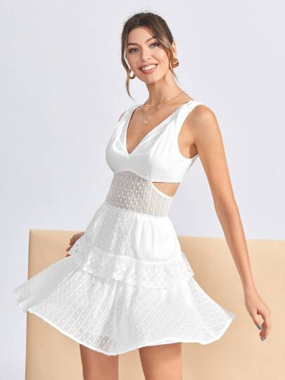 SHEIN X Luisana Batista Swiss Dot Contrast Lace Cutout Dress | SHEIN